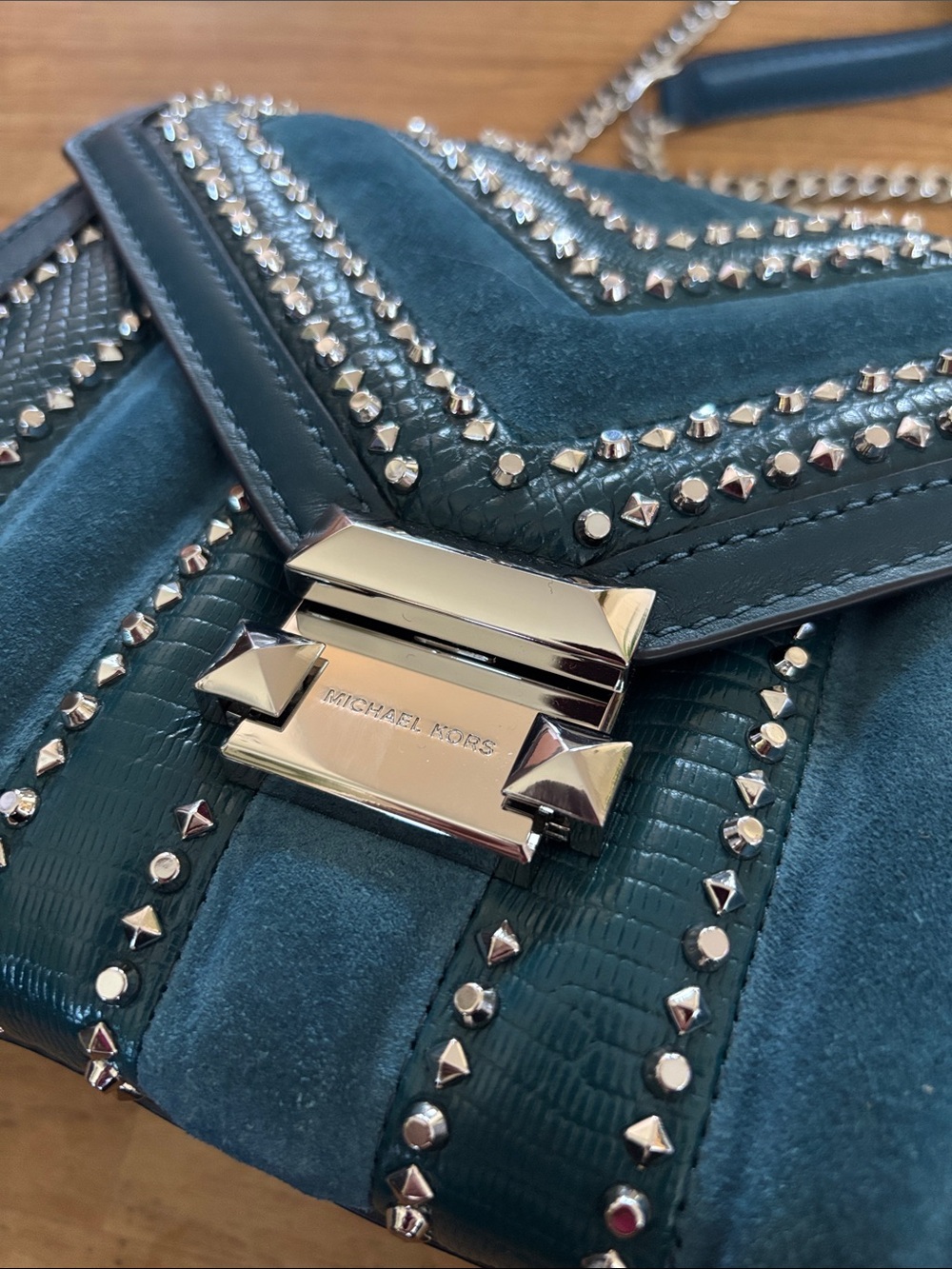 Michael Kora Teal and Studs Chain-Shoulder Crossbody Bag - Picture 4 of 11